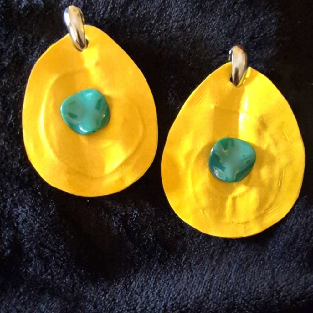LEATHER Yellow and Turquoise Drop Earrings